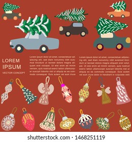 Border with cars delivering Christmas trees and decorations on brown background. Vector.