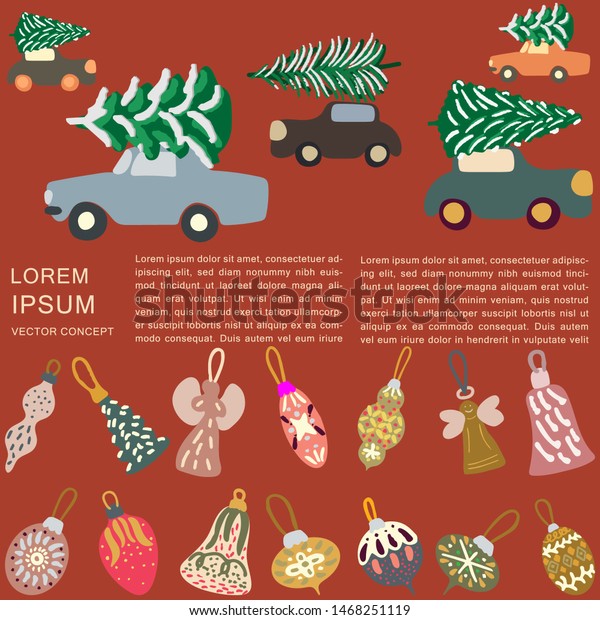 Border with cars delivering Christmas\
trees and decorations on brown background.\
Vector.