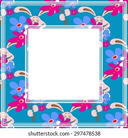 Border with cartoon rabbit with flowers on a blue background.