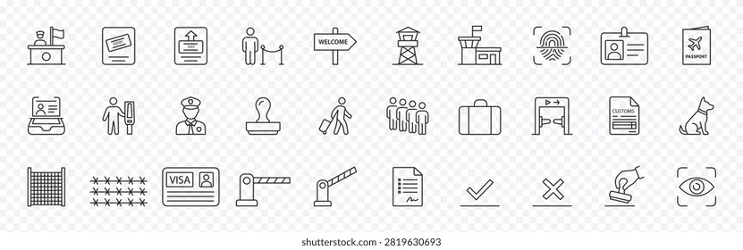 Border checkpoint, immigration and border control icon set – editable outline symbols of passport, customs, visa, security check and travel documents