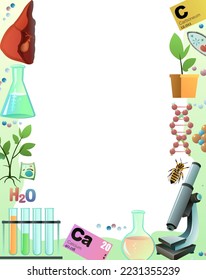 Border Chemistry along edge of image. Science items picture. Study of living cells of plants, animals and humans. Isolated on white background. Vector