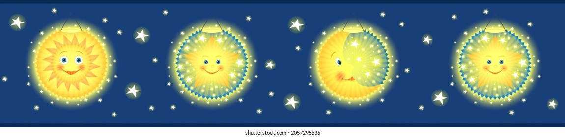 Border children lanterns sun moon and stars,
Children room wallpaper border in blue,
Vector illustration isolated on white background
