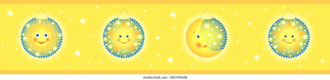 Border children lanterns sun moon and stars,
Children room wallpaper border in yellow,
Vector illustration isolated on white background

