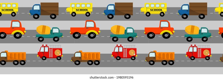 Border with childrens cars. Truck, school bus, fire truck are driving along the road. Seamless pattern for decorating childrens rooms, prints on clothes, postcards and flyers. Vector illustration.