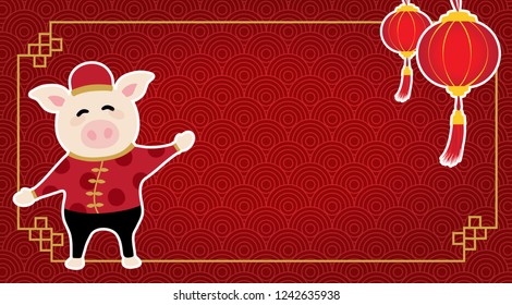 border of Chinese New Year and have pig and lantern with red pattern background