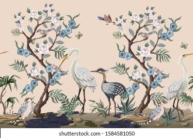 Border in chinoiserie style with herons, peacock and peonies. Vector. 