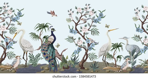 Border in chinoiserie style with herons, peacock and peonies. Vector. 