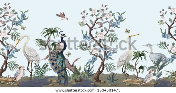 Chinoiseries design with herons, peacock and peonies for wallpaper customization