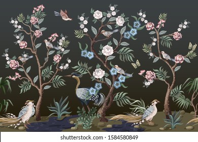 Border in chinoiserie style with herons and peonies. Vector. 