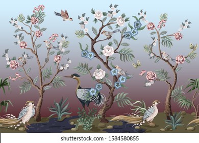 Border in chinoiserie style with herons and peonies. Vector. 