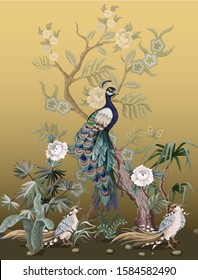 Border in chinoiserie style with peacock and peonies on golden background. Vector. 