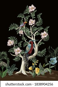 Border in chinoiserie style with peonies and birds. Vector interior print