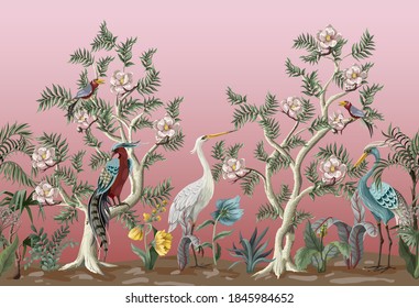 Border in chinoiserie style with peonies and birds. Vector interior print