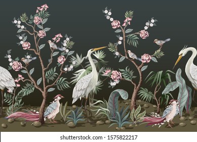 Border  in chinoiserie style with storks and peonies. Vector. 