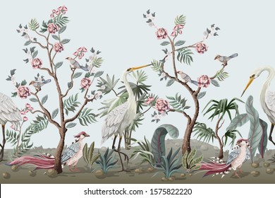 Border  in chinoiserie style with storks and peonies. Vector. 