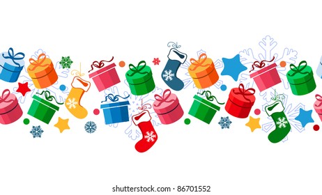 Border with Christmas gift boxes and santa socks