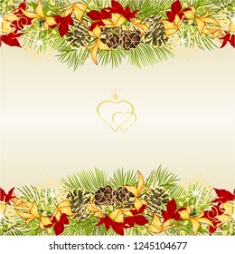 Border Christmas and New Year decoration festive golden and red leaves poinsettia three and fir tree branch pine cones and golden snowflakes vintage vector illustration editable hand draw