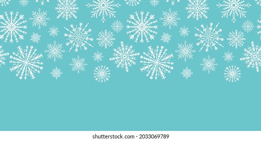 Border christmas snowflake turquoise and white seamless pattern print winter background print. Vector illustration. Surface pattern design. Great for card design, clothing and home decor projects. 