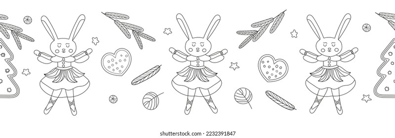 border Christmas sweets and girl rabbit on a white background