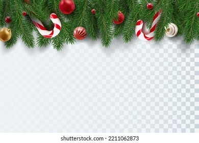 Borde con ramas de árboles de Navidad, latas de dulces y bolas aisladas en blanco. Ramas y decoración de árboles de Navidad de aspecto realista. Agujas de la piel de la guirnalda