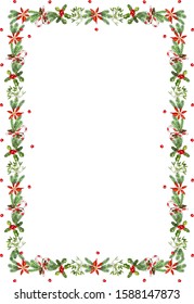 Border with Christmas Tree Branches Decorated with Berries, Holly, Poinsettia, Candy Canes and place for text. Holiday image for design banner, ticket, invitation or card, leaflet and so on.