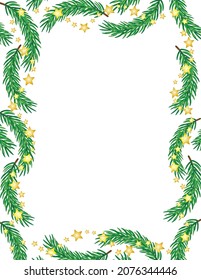 Border with Christmas tree branches. Christmas frame with fir branches and stars.  Eps10 editable vector illustration. Copy space