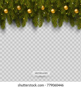 Border with Christmas tree branches and ornaments with balls and light. Isolated on transparent background. Vector.