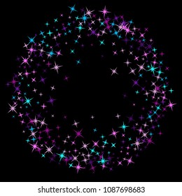 Border circle wreath of star sparkle texture glitter pattern. Premium colored confetti of flying stars, magic geometric sparkles stardust vector background border. Cosmic party design.