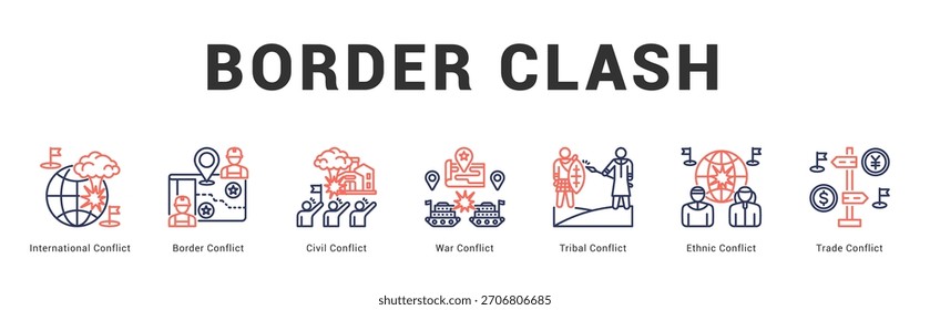 Border Clash Ilustración de Anuncio de Web moderno y limpio con íconos temáticos para la comunicación visual