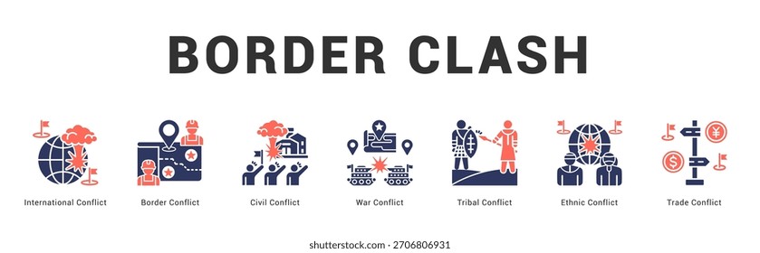 Border Clash Ilustración de Anuncio de Web moderno y limpio con íconos temáticos para la comunicación visual