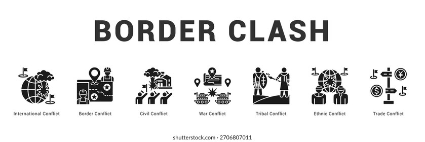 Border Clash Ilustración de Anuncio de Web moderno y limpio con íconos temáticos para la comunicación visual