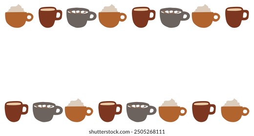 Border of coffee cups. Simple frame. Hand drawn design. Illustration on white background.