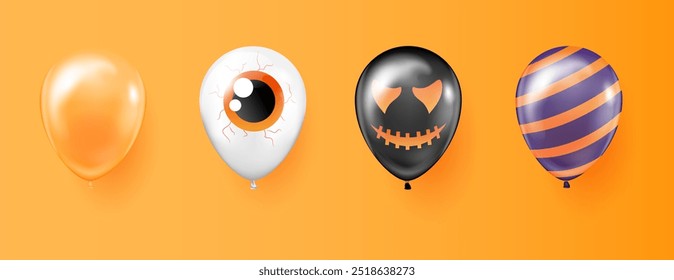 Border collection of Halloween balloons. Realistic vector 3d set of balloons with creepy faces. Holiday and party decoration, decor.