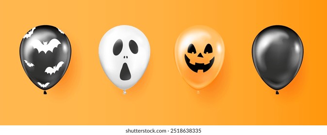 Border collection of Halloween balloons. Realistic vector 3d set of balloons with creepy faces. Holiday and party decoration, decor.