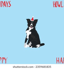 Border Collie dog Christmas seamless pattern. Repeatable winter background. Happy Howlidays Dog Christmas Card for dog lovers. Abstract texture with Collie Drawing. Cartoon style. Popular character.