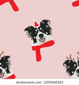 Border Collie dog Christmas seamless pattern. Repeatable winter background. Happy Howlidays Dog Christmas Card for dog lovers. Abstract texture with Collie in Santa hat and scarf. Cartoon style.