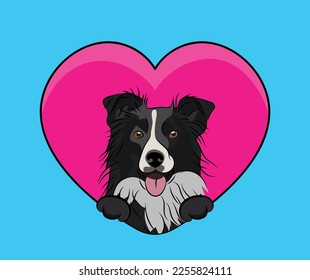 Perro colgado de la frontera colgando con patas en el gran corazón de San Valentín. Amar el corazón con la cabeza de mascota y el corazón rosado y la huella. Cara de perro sosteniendo un icono de caricatura rosada. Día de San Valentín para los perros.