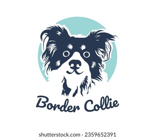 Border Collie dog logo design. Smiling giddy shepherd dog, 2 colors. The smartest dog. Sticker on a white background. Cute Smiling Blue And White Border Collie Drawing. Cartoonish style. Creative sign