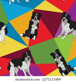 Border collie dog on a mosaic geometric background. Funky, colorful vibe, rainbow colors palette. Simple, clean, modern texture. Geometric, polygon style. Summer seamless pattern with dogs.Triangles.