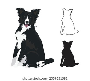 Border Collie dog portrait. Giddy shepherd dog. Sticker on a white background. Cute Smiling Black And White Border Collie Drawing. Cartoon style. Popular character. Silhouette, black stroke, outlines.