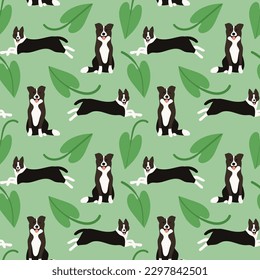 Border collie dog seamless repeat pattern. natural. gender neutral. earth tones. cute pet puppy.