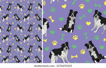 Border collie dogs on a playful violet background with bones, hearts, paws. Funky, colorful vibe, vibrant palette. Simple, clean, modern texture. Summer seamless pattern with dogs. Birthday present.