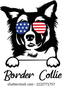 Border Collie Peeking Dog And Paws With Sunglasses With American Flag On It Silhouette Vector Image