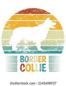 Borde Collie Retro Vintage plantilla de diseño de camiseta Sunset, borde de color en la placa, pegatina de la ventana del coche, POD, cubierta, fondo blanco aislado, regalo de silueta de perro blanco para el colmenador de borde