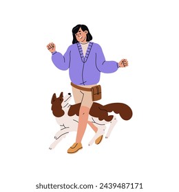 Border collie walks, weaves between legs. Owner training, teaches tricks, commands fluffy dog. Trainer play with smart puppy. Agility exercise. Flat isolated vector illustration on white background