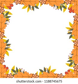 Border of colorful autumn leaves and berries. Fall theme vector illustration. Thanksgiving day greeting card or invitation. Easy to edit template with copy space for your design projects.