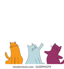 Border of colorful cartoon cats, orange, blue, purple, playful poses, minimal style, white background