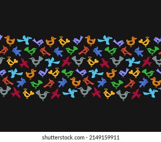 Border with colorful funny birds. Seamless pattern. Silhouette Vector