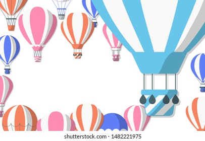 Border with colorful hot air balloon in the sky. Cute vector baby frame with airships. Vector concept background for children poster or card.