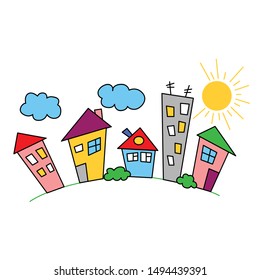 Border colorful houses. Panoramic ornament. Color city. Neighborhood design.